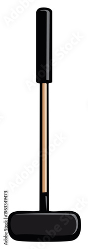 A black putter with a wooden shaft used in putting the golf ball into a hole in the green