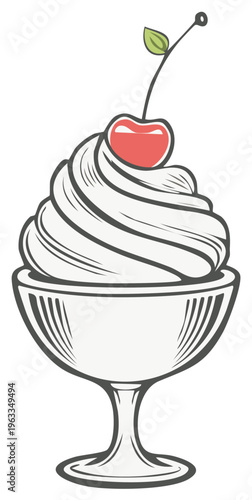 Stylized illustration of a soft-serve ice cream sundae with a cherry on top in a glass dish
