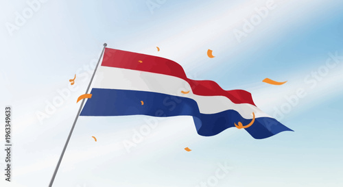 A dynamic flat design illustration showcasing the Dutch flag waving proudly, surrounded by festive orange ribbons and confetti, symbolizing King's Day celebration and national pride.