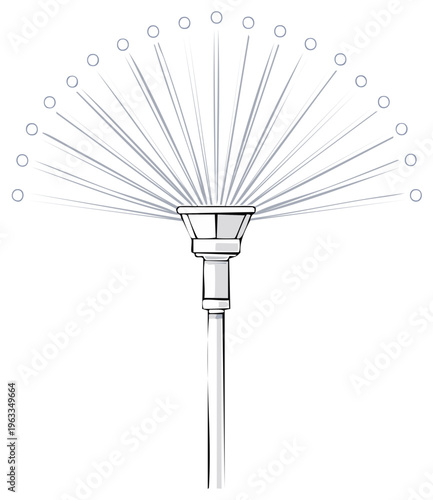 Minimalist irrigation sprinkler head spraying water in a wide fan pattern, vector illustration.