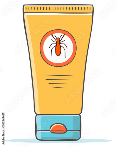 Cartoon insect repellent lotion tube with a crossed out bug symbol for outdoor protection and pest control