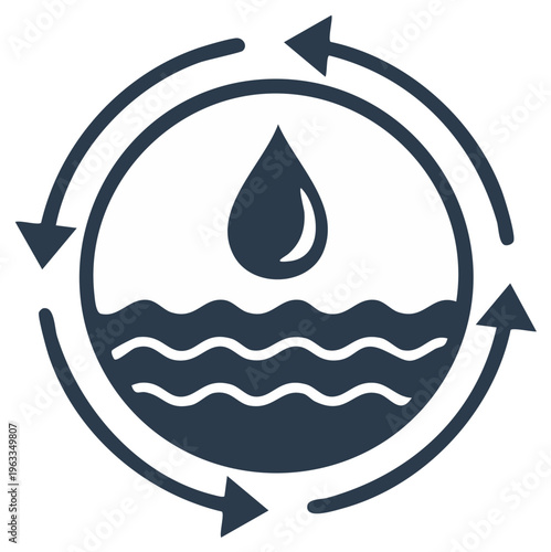 Water Cycle Icon with Drop, Waves, and Circular Arrows for Sustainability