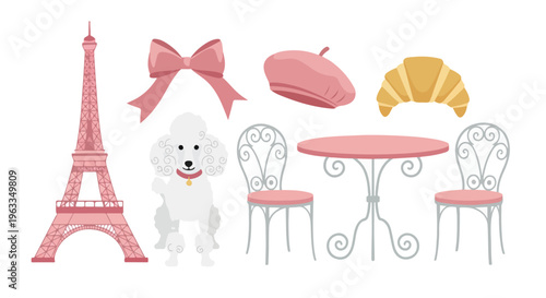 Flat lay of Parisian-themed items including Eiffel Tower, poodle, table, chairs, bow, baguette, and croissant on white background.