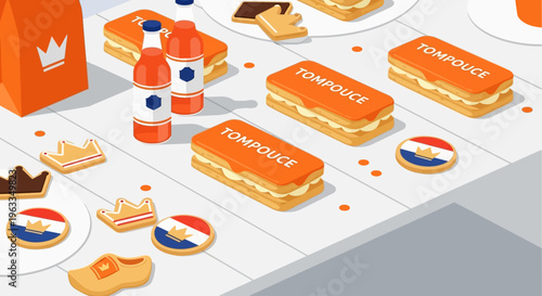 An inviting flat design illustration showcasing a delicious spread of King's Day themed food and drinks, including traditional orange pastries and beverages.