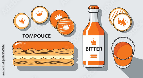 An inviting flat design illustration showcasing a delicious spread of King's Day themed food and drinks, including traditional orange pastries and beverages.