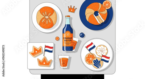 An inviting flat design illustration showcasing a delicious spread of King's Day themed food and drinks, including traditional orange pastries and beverages.