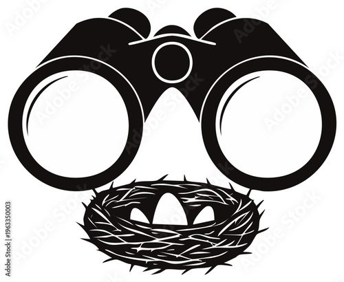 Binoculars observing a bird nest with eggs wildlife discovery illustration