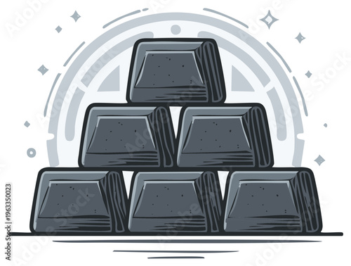 Stack of metallic ingots representing wealth and finance concept in monochrome style