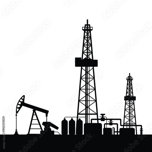 Silhouette of an oil field with drilling rigs and industrial equipment