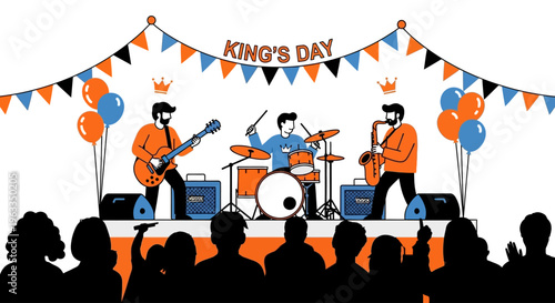 An energetic flat design illustration of a musical band performing on a stage adorned with orange decorations during King's Day festivities, with an audience enjoying the show.