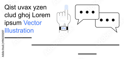 Communication, interaction, technology, user experience, messaging, digital interface. Hand with smartwatch interacting with a screen alongside speech bubbles. Communication and interaction