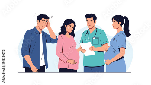 Group of concerned people including a pregnant couple and a medical doctor discuss results or family planning in a modern clinic.