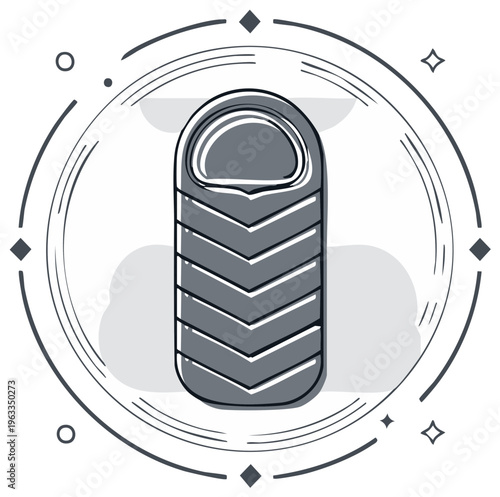 Illustration of a sleeping bag design in a circular frame with hand-drawn style and shading.