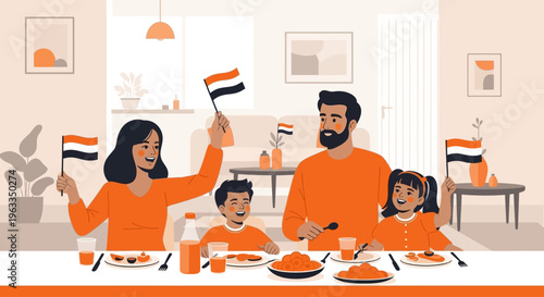 A heartwarming flat design illustration depicting a happy family in orange attire, celebrating King's Day at home with flags and a festive meal in a cozy living room.