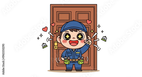 A cheerful cartoon plumber standing in front of a brown door with a tool belt and keys, conveying a happy and welcoming mood with colorful icons around him on a plain white background.