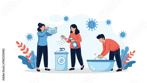 People follow health guidelines by washing hands, using disinfectant spray, and cleaning surfaces to prevent dangerous viral spread.