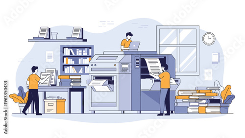 Skilled workers operate heavy machinery inside a busy professional printing house to produce large quantities of various documents.