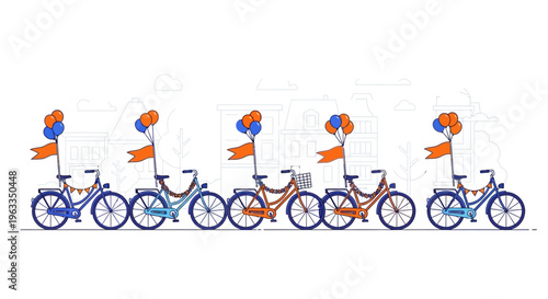 A festive flat design illustration of a King's Day bicycle parade, with each bike adorned in vibrant orange flags, balloons, and garlands, celebrating the national holiday.