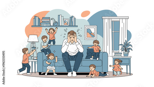 Exhausted father sits on a sofa looking overwhelmed while many energetic small children run around and play in the family living room.