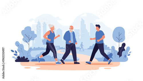 Active senior citizens jogging and walking together in a beautiful city park to maintain a healthy lifestyle and physical fitness during retirement.