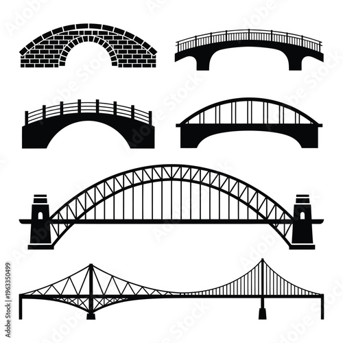 Collection of black silhouette bridge designs in various architectural styles