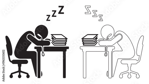 Tired office worker sleeping on desk with pile of papers silhouette. Burnout and exhaustion at workplace concept. Overworked employee character flat icon.