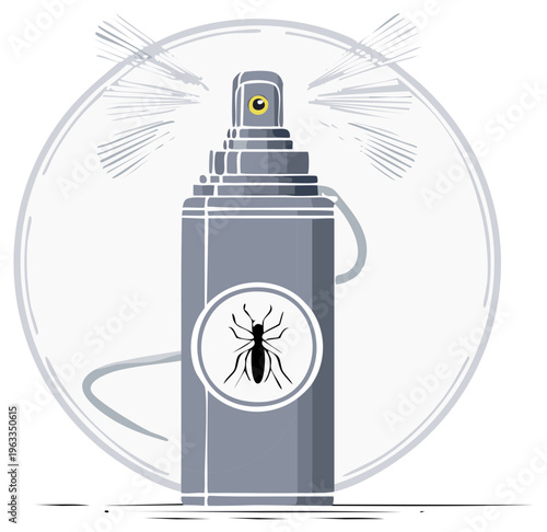Pest control spray can with ant illustration in a white circle against a white background