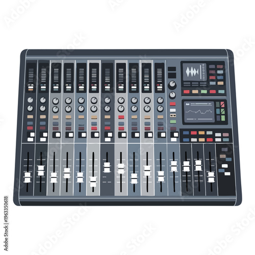 A professional sound mixing console with multiple sliders, knobs, and screens