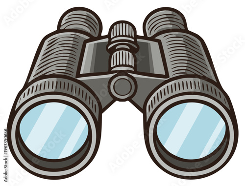 Cartoon binoculars for sightseeing or bird watching adventure, gray binocular with blue lens illustration