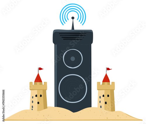 Large speaker with radio tower broadcasting signals between two sandcastle towers