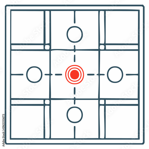 Doodle style grid illustration with central red target and four connecting outline circles
