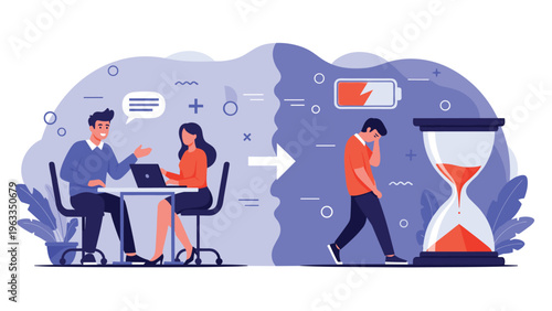 Conceptual illustration of work burnout comparing high energy collaborative teamwork with extreme exhaustion and low battery energy levels.