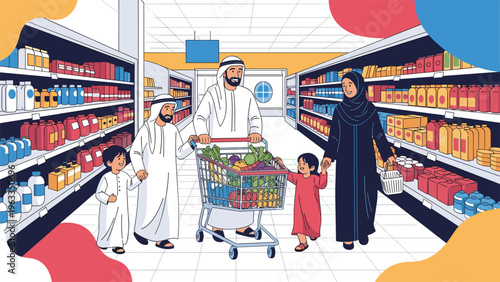 Muslim family with father, mother, and two children pushing a shopping cart filled with fresh produce in a brightly lit grocery store aisle.