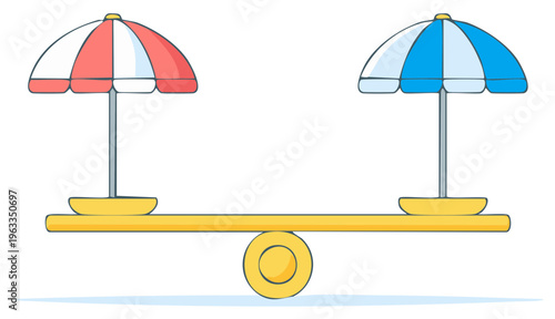 Balance Scales with Beach Umbrellas Illustration Balancing Red and Blue striped Parasols, equilibrium, seesaw