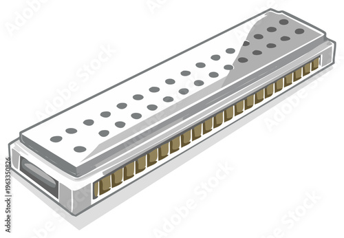 Illustration of a chromatic harmonica, musical instrument with multiple holes, reed plates, and a sliding bar