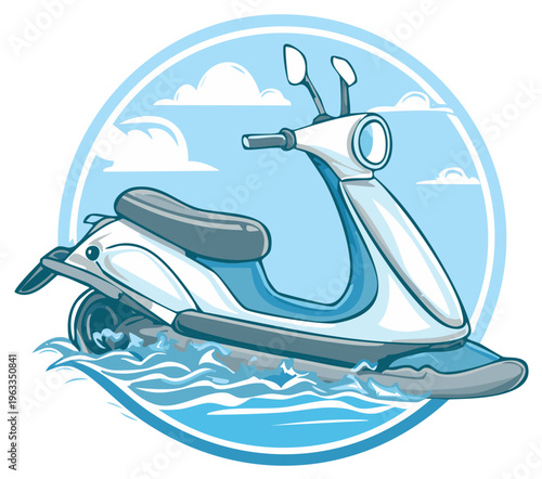 Modern scooter riding through wavy blue water under a sky with clouds