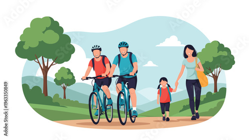 Active family enjoying outdoor activities including parents cycling and a mother walking with her young child in a mountain landscape.