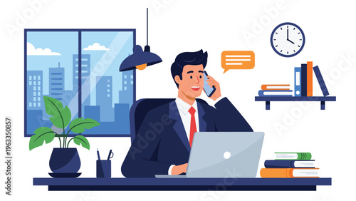 Successful businessman talking on a smartphone while working on a laptop in a modern office with a city view and an organized desk layout.