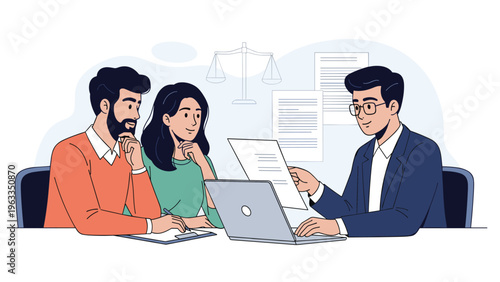 Professional legal advisor or lawyer explaining documents and important law details to a young couple during a formal office meeting.