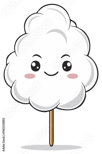 Happy cartoon white cotton candy character on a stick smiling cheerfully