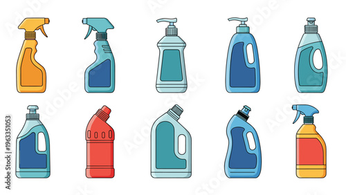 Collection of various household cleaning product bottles in different colors and shapes for domestic hygiene and chores.