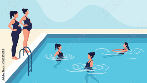 Group of pregnant women participating in a swimming class for prenatal exercise and health in a bright indoor pool.