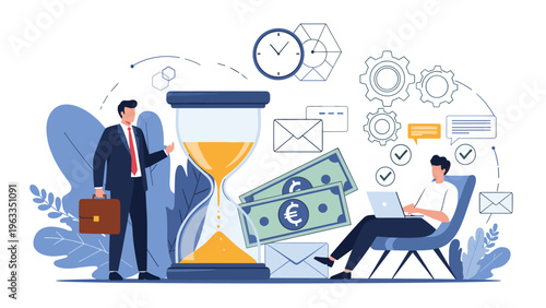 Business professionals managing time and finance with a large hourglass, euro banknotes, and gears for efficiency and profit.