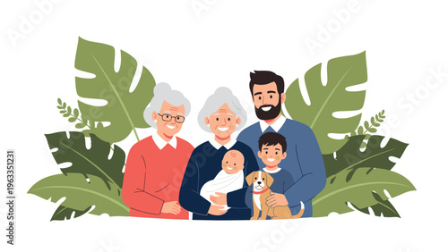 Multigenerational family portrait featuring grandparents, a couple with their baby and son, and a pet dog.