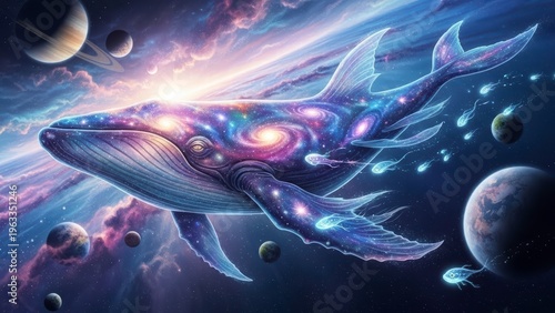 Whale in the Cosmos: A mesmerizing cosmic whale gracefully swims through a galaxy of swirling nebulae, planets, and stardust, an ode to the wonders of the universe.