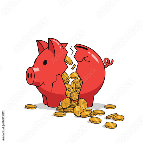 A broken red piggy bank spills out a pile of gold coins