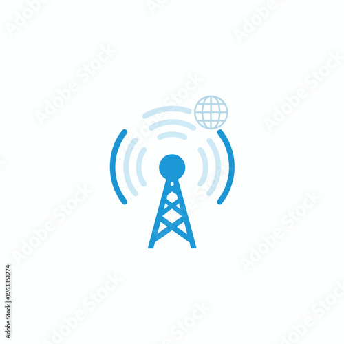 Blue communication tower emitting signals towards a globe icon