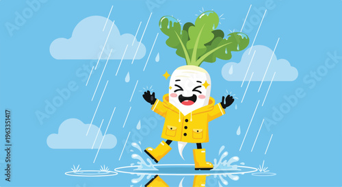 A cartoon character wearing a yellow raincoat and boots dances in the rain with a green leaf on its head against a blue sky with clouds.