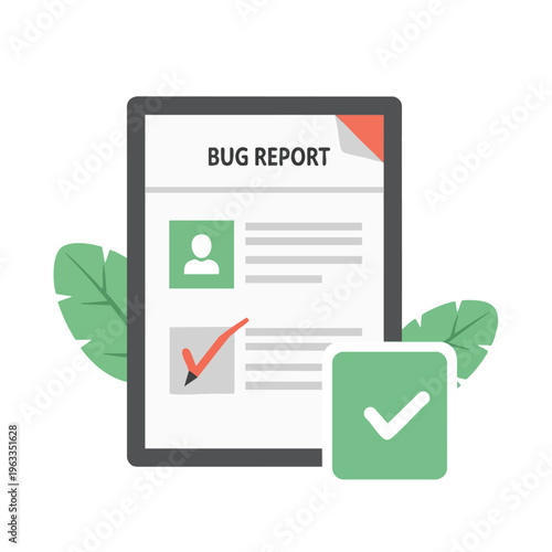 A document d "Bug Report" with checkmarks and leaves
