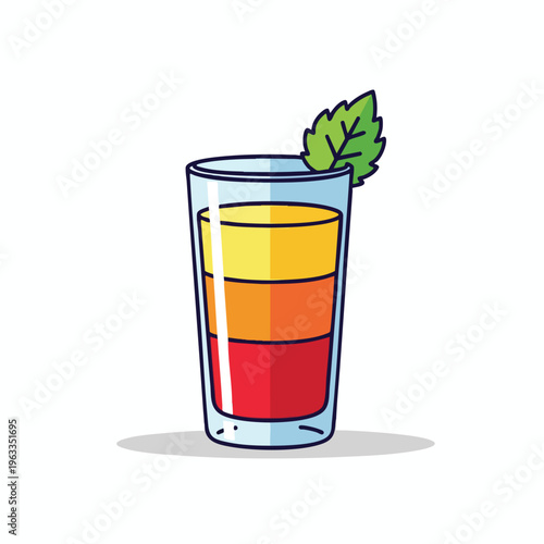 Tall glass with layered red, orange, and yellow liquids, topped with a mint leaf
